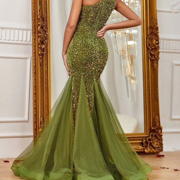 Olive Preppy Womens One Shoulder Sequin Formal Dress - Picture 2 of 5